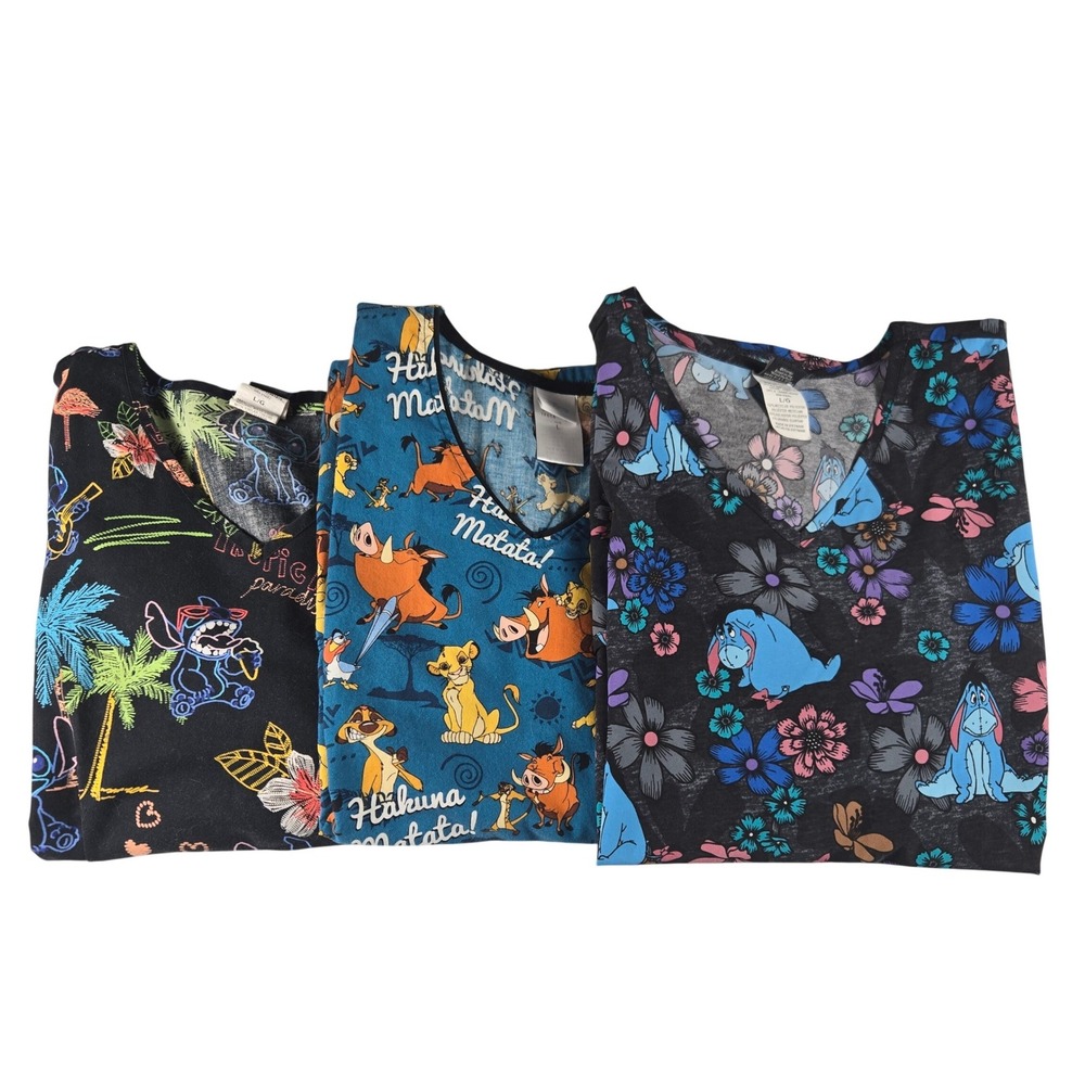 Lot of 3 Disney Womans Large Scrub Tops Stitch Simba Eeyore Nurse Vet Medical